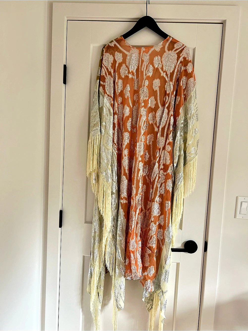 Free People Magic Dance Border Print Kimono Floral Fringe Wrap in Orange & Silve